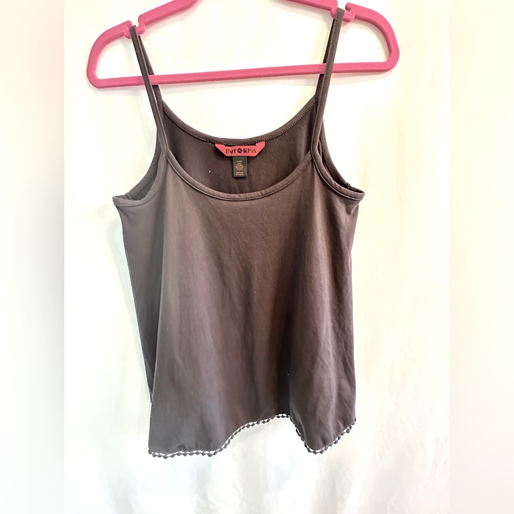 Hot Kiss Charcoal Spaghetti Strap Tank Top with Pom Pom Fringe Detail-Size Small